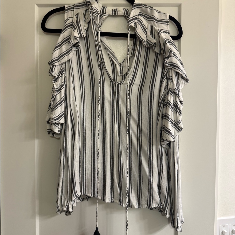 Elegant Black and White Striped Ruffle Blouse